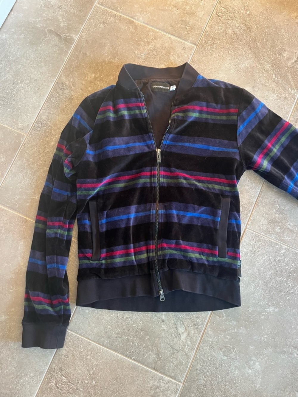 Emporio Armani Black Velvet Bomber Jacket with Blue, Green and Purple Stripes